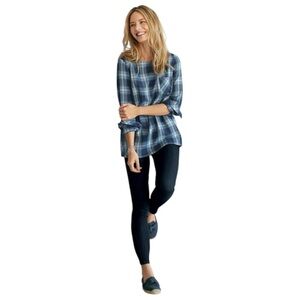 J Jill Blue Plaid Top Womens M Round Neck Long Sleeve Back Buttons Blouse EUC